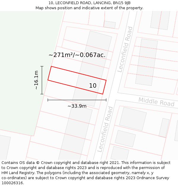 10, LECONFIELD ROAD, LANCING, BN15 9JB: Plot and title map