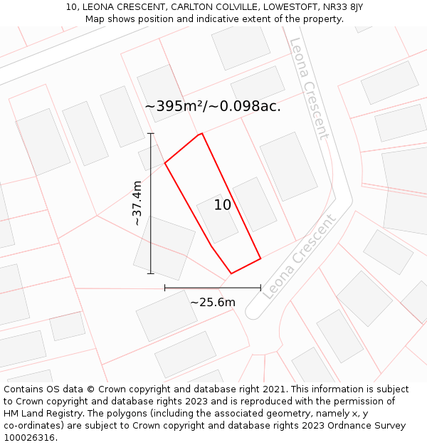 10, LEONA CRESCENT, CARLTON COLVILLE, LOWESTOFT, NR33 8JY: Plot and title map