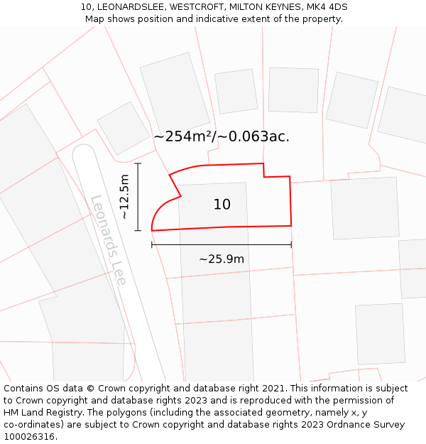 10, LEONARDSLEE, WESTCROFT, MILTON KEYNES, MK4 4DS: Plot and title map