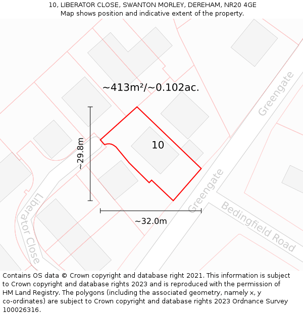 10, LIBERATOR CLOSE, SWANTON MORLEY, DEREHAM, NR20 4GE: Plot and title map