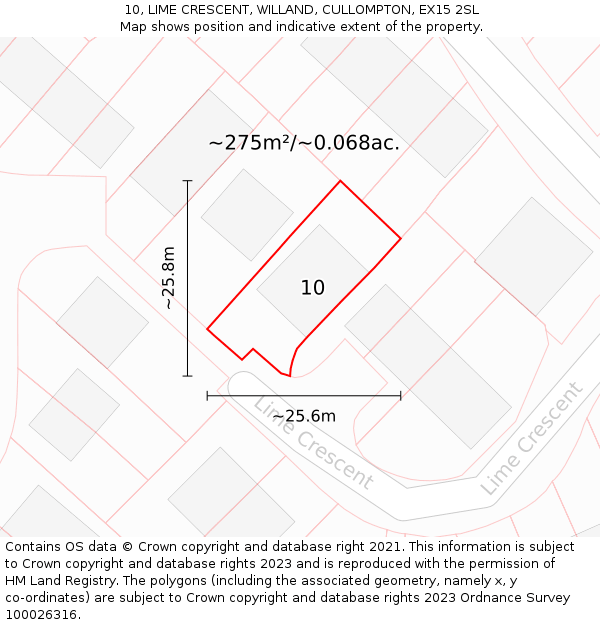 10, LIME CRESCENT, WILLAND, CULLOMPTON, EX15 2SL: Plot and title map