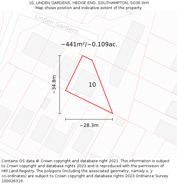 10, LINDEN GARDENS, HEDGE END, SOUTHAMPTON, SO30 0HY: Plot and title map