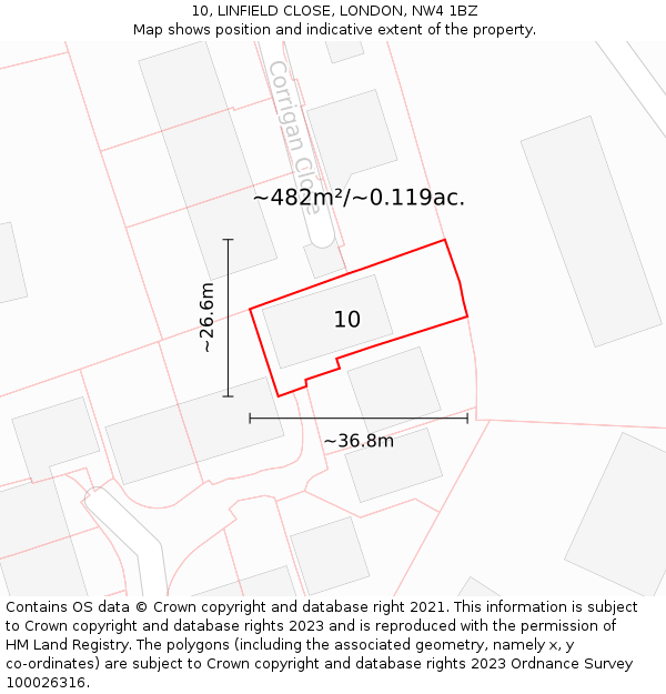 10, LINFIELD CLOSE, LONDON, NW4 1BZ: Plot and title map