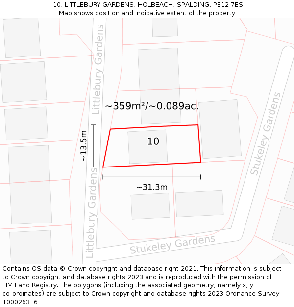 10, LITTLEBURY GARDENS, HOLBEACH, SPALDING, PE12 7ES: Plot and title map