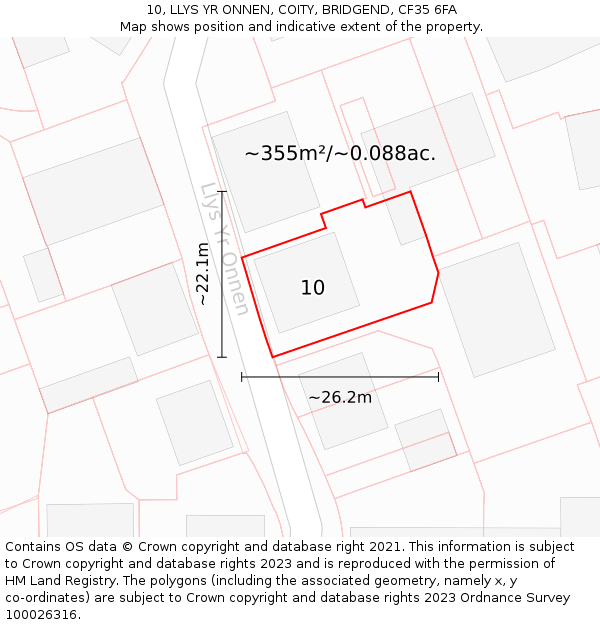 10, LLYS YR ONNEN, COITY, BRIDGEND, CF35 6FA: Plot and title map