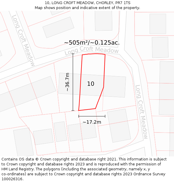 10, LONG CROFT MEADOW, CHORLEY, PR7 1TS: Plot and title map