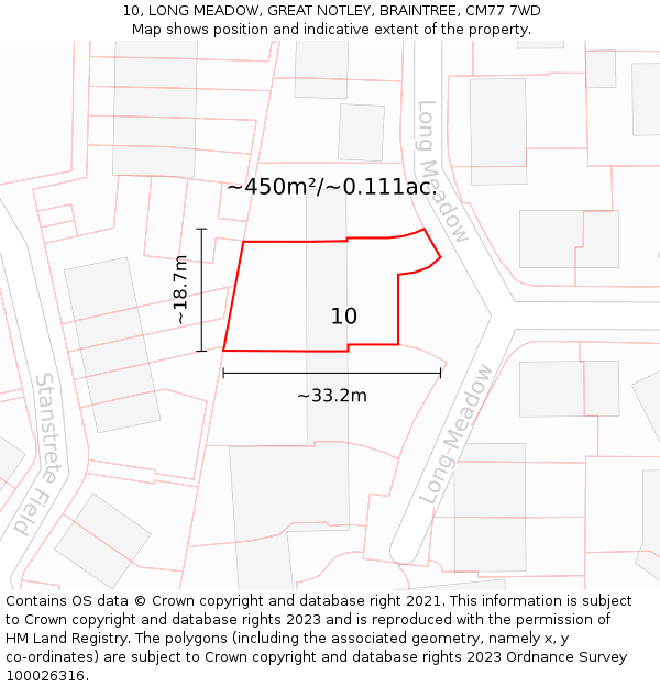 10, LONG MEADOW, GREAT NOTLEY, BRAINTREE, CM77 7WD: Plot and title map