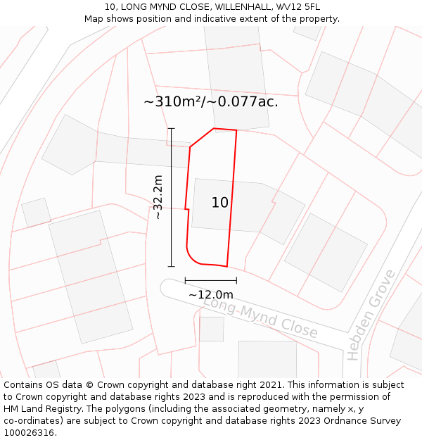 10, LONG MYND CLOSE, WILLENHALL, WV12 5FL: Plot and title map