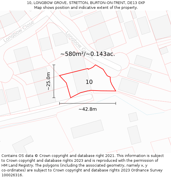 10, LONGBOW GROVE, STRETTON, BURTON-ON-TRENT, DE13 0XP: Plot and title map