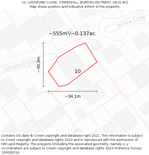 10, LONGFORD CLOSE, STAPENHILL, BURTON-ON-TRENT, DE15 9FZ: Plot and title map