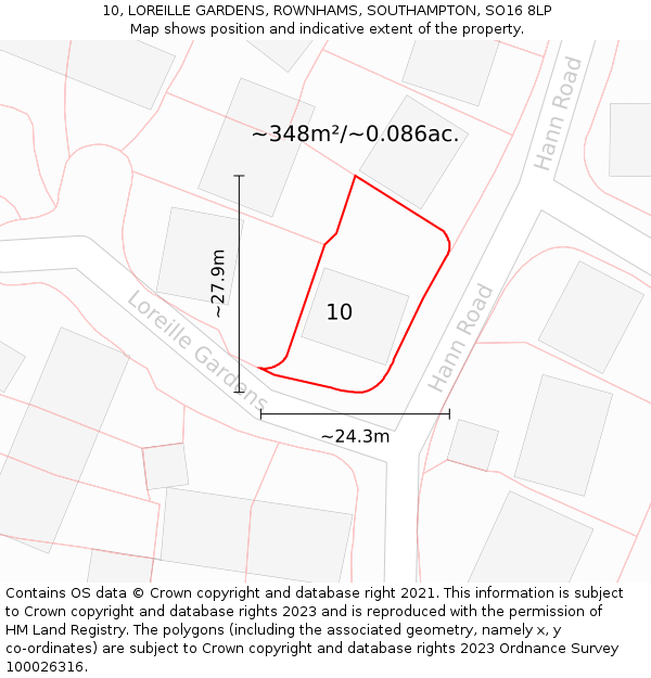 10, LOREILLE GARDENS, ROWNHAMS, SOUTHAMPTON, SO16 8LP: Plot and title map