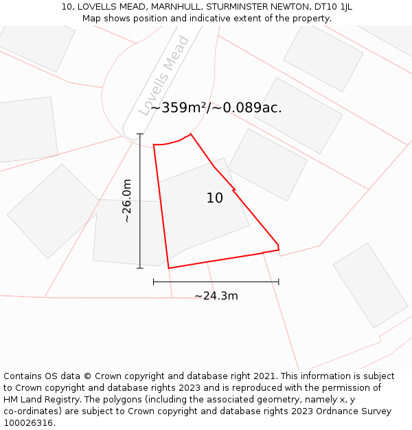 10, LOVELLS MEAD, MARNHULL, STURMINSTER NEWTON, DT10 1JL: Plot and title map