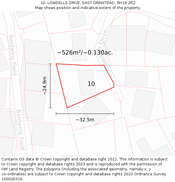 10, LOWDELLS DRIVE, EAST GRINSTEAD, RH19 2RZ: Plot and title map