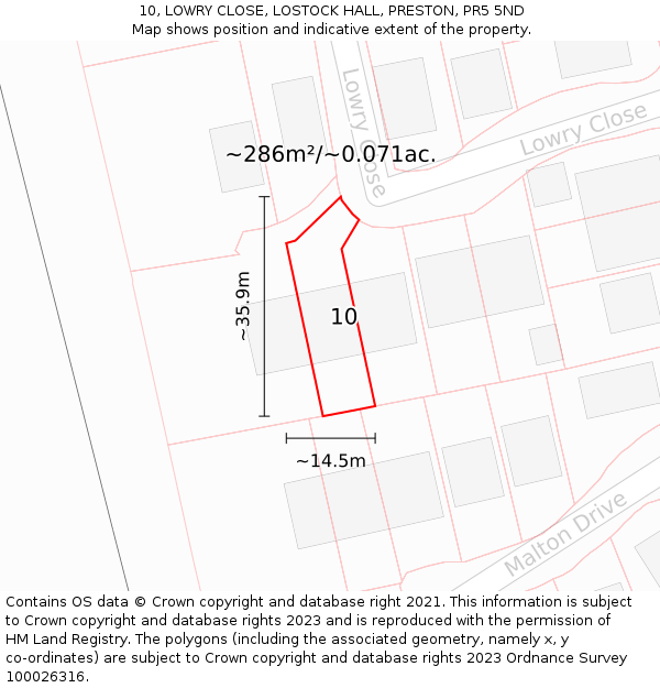 10, LOWRY CLOSE, LOSTOCK HALL, PRESTON, PR5 5ND: Plot and title map