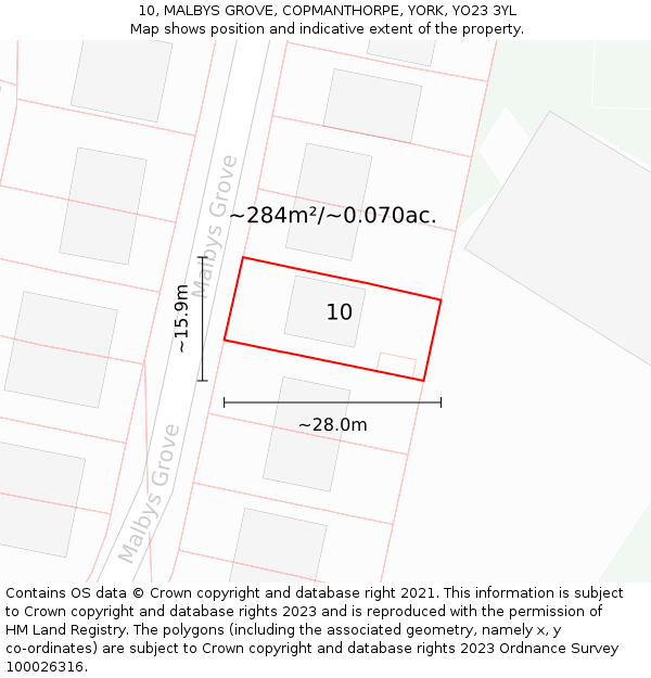 10, MALBYS GROVE, COPMANTHORPE, YORK, YO23 3YL: Plot and title map