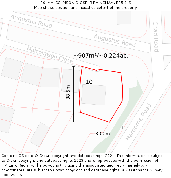 10, MALCOLMSON CLOSE, BIRMINGHAM, B15 3LS: Plot and title map