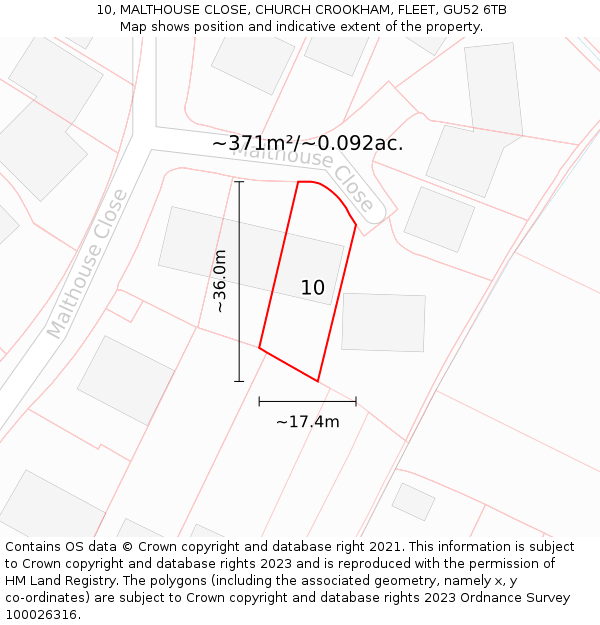 10, MALTHOUSE CLOSE, CHURCH CROOKHAM, FLEET, GU52 6TB: Plot and title map