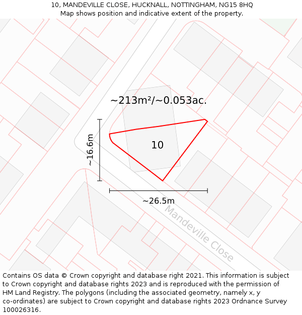 10, MANDEVILLE CLOSE, HUCKNALL, NOTTINGHAM, NG15 8HQ: Plot and title map