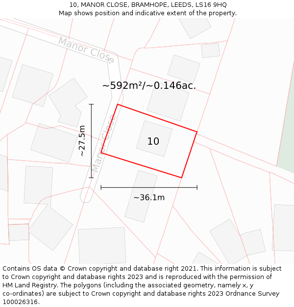 10, MANOR CLOSE, BRAMHOPE, LEEDS, LS16 9HQ: Plot and title map