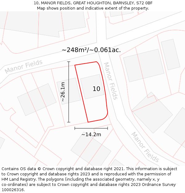 10, MANOR FIELDS, GREAT HOUGHTON, BARNSLEY, S72 0BF: Plot and title map