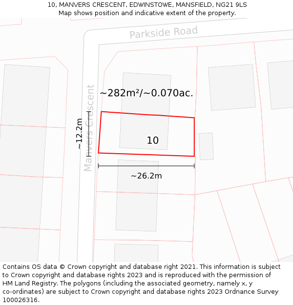 10, MANVERS CRESCENT, EDWINSTOWE, MANSFIELD, NG21 9LS: Plot and title map