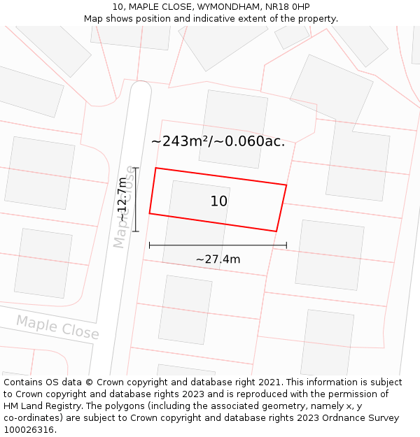 10, MAPLE CLOSE, WYMONDHAM, NR18 0HP: Plot and title map