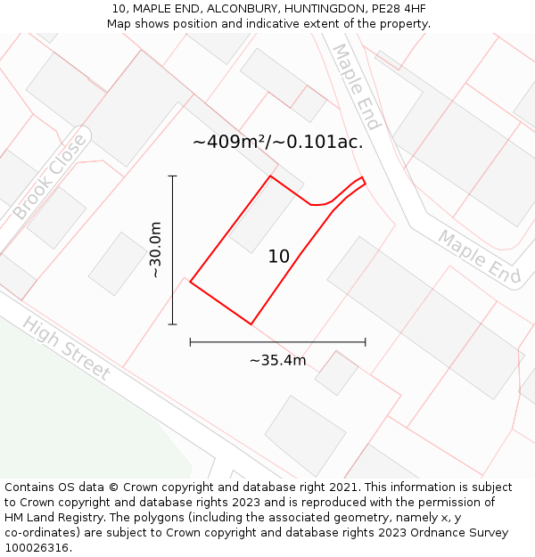 10, MAPLE END, ALCONBURY, HUNTINGDON, PE28 4HF: Plot and title map
