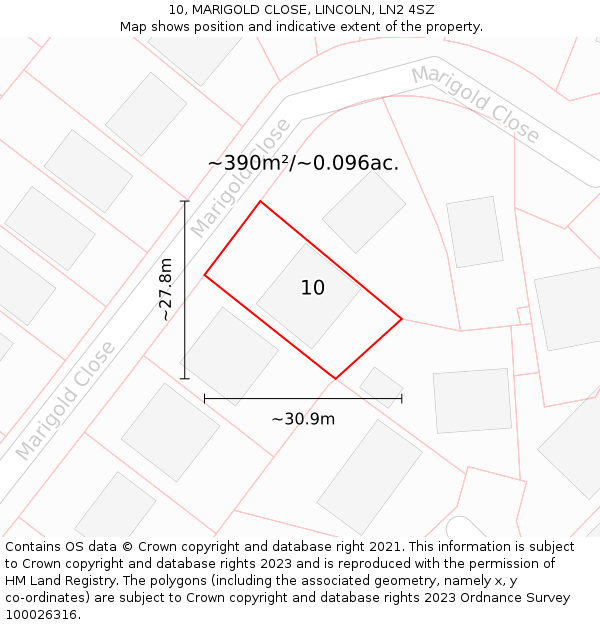 10, MARIGOLD CLOSE, LINCOLN, LN2 4SZ: Plot and title map