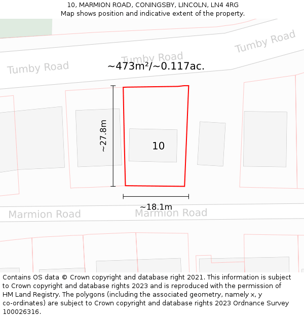 10, MARMION ROAD, CONINGSBY, LINCOLN, LN4 4RG: Plot and title map