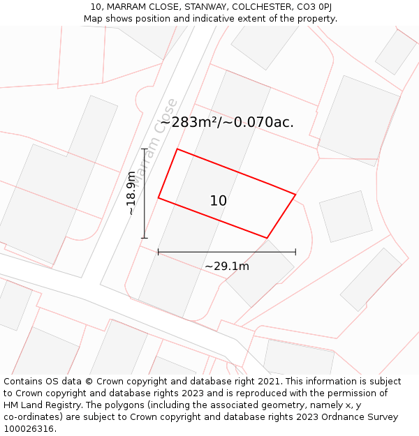 10, MARRAM CLOSE, STANWAY, COLCHESTER, CO3 0PJ: Plot and title map