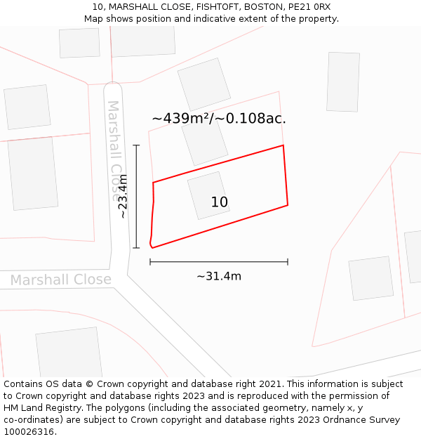 10, MARSHALL CLOSE, FISHTOFT, BOSTON, PE21 0RX: Plot and title map