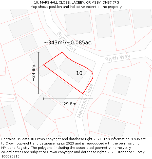 10, MARSHALL CLOSE, LACEBY, GRIMSBY, DN37 7FG: Plot and title map