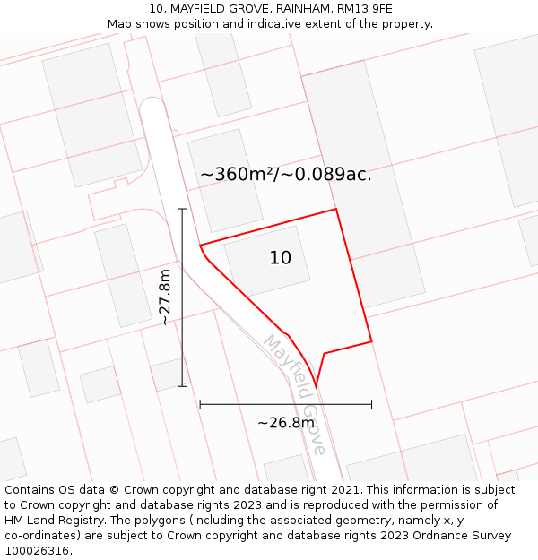 10, MAYFIELD GROVE, RAINHAM, RM13 9FE: Plot and title map