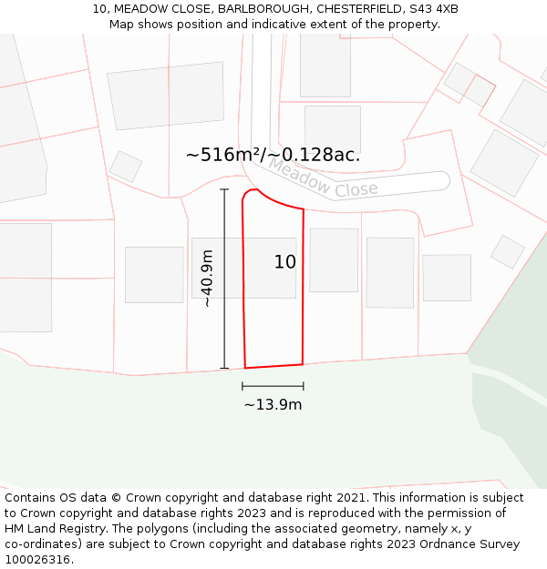 10, MEADOW CLOSE, BARLBOROUGH, CHESTERFIELD, S43 4XB: Plot and title map