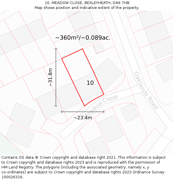10, MEADOW CLOSE, BEXLEYHEATH, DA6 7HB: Plot and title map