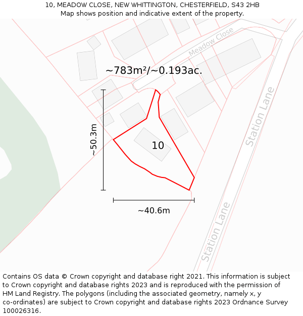 10, MEADOW CLOSE, NEW WHITTINGTON, CHESTERFIELD, S43 2HB: Plot and title map