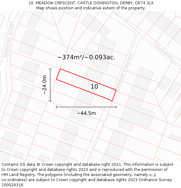 10, MEADOW CRESCENT, CASTLE DONINGTON, DERBY, DE74 2LX: Plot and title map