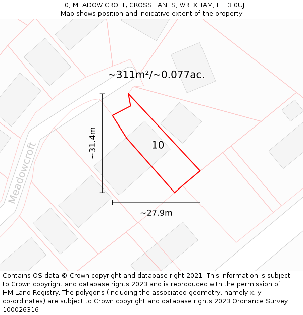 10, MEADOW CROFT, CROSS LANES, WREXHAM, LL13 0UJ: Plot and title map