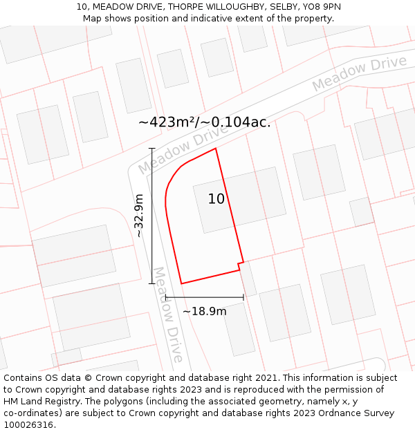 10, MEADOW DRIVE, THORPE WILLOUGHBY, SELBY, YO8 9PN: Plot and title map