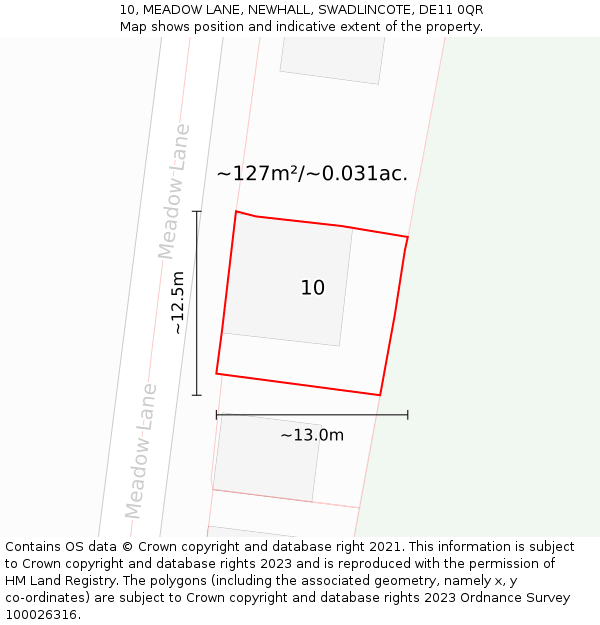 10, MEADOW LANE, NEWHALL, SWADLINCOTE, DE11 0QR: Plot and title map