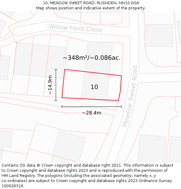 10, MEADOW SWEET ROAD, RUSHDEN, NN10 0GA: Plot and title map