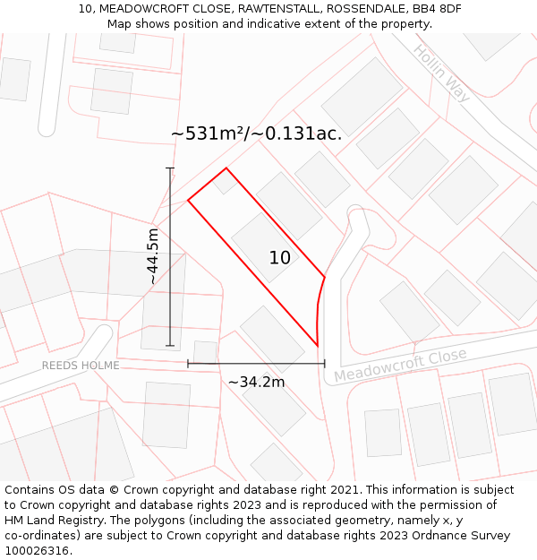10, MEADOWCROFT CLOSE, RAWTENSTALL, ROSSENDALE, BB4 8DF: Plot and title map