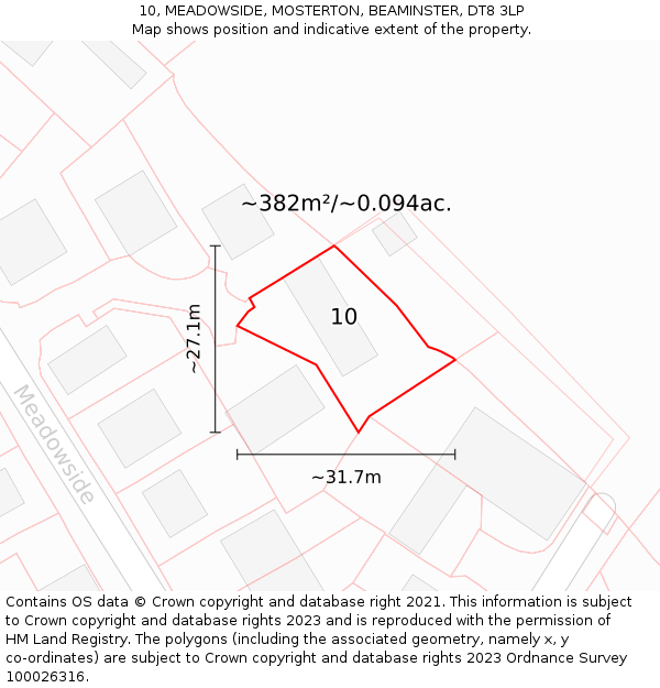 10, MEADOWSIDE, MOSTERTON, BEAMINSTER, DT8 3LP: Plot and title map