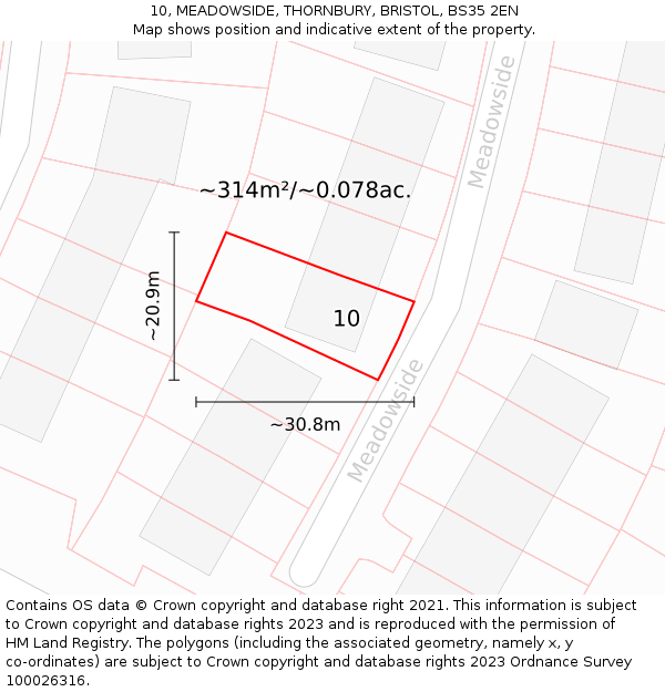 10, MEADOWSIDE, THORNBURY, BRISTOL, BS35 2EN: Plot and title map