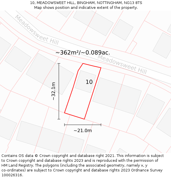 10, MEADOWSWEET HILL, BINGHAM, NOTTINGHAM, NG13 8TS: Plot and title map