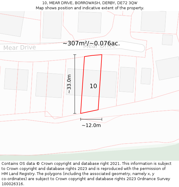10, MEAR DRIVE, BORROWASH, DERBY, DE72 3QW: Plot and title map