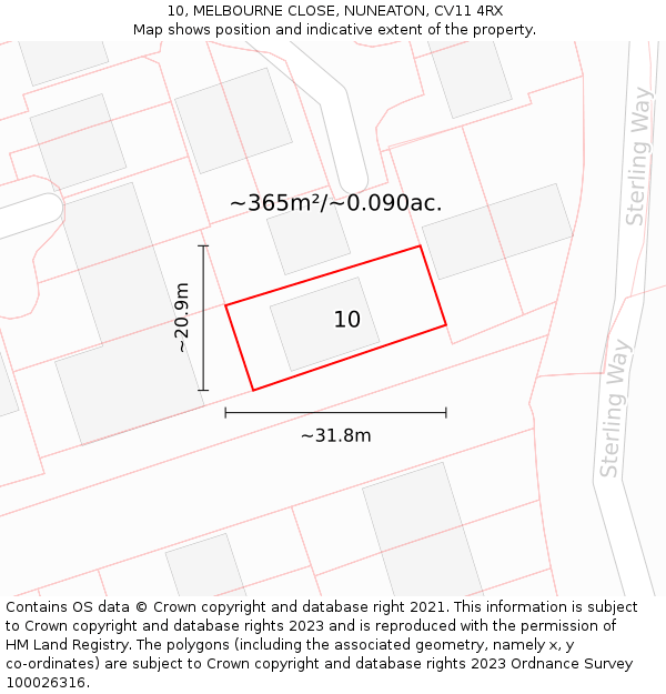 10, MELBOURNE CLOSE, NUNEATON, CV11 4RX: Plot and title map