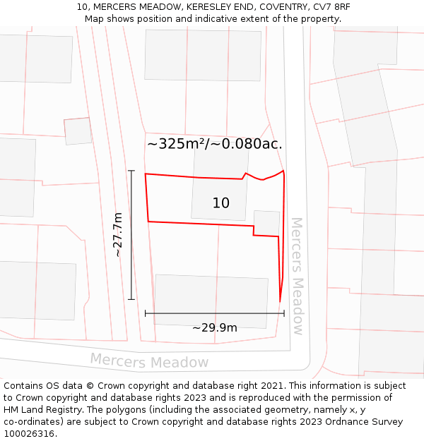 10, MERCERS MEADOW, KERESLEY END, COVENTRY, CV7 8RF: Plot and title map