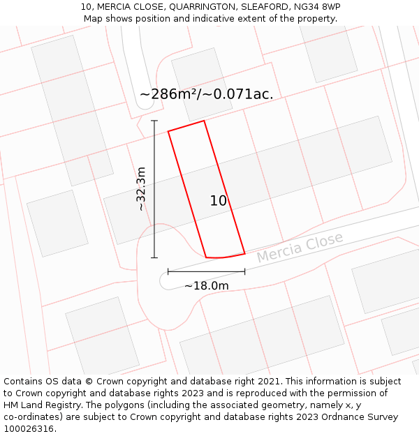 10, MERCIA CLOSE, QUARRINGTON, SLEAFORD, NG34 8WP: Plot and title map