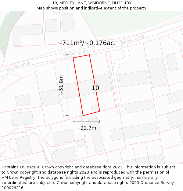 10, MERLEY LANE, WIMBORNE, BH21 1RX: Plot and title map